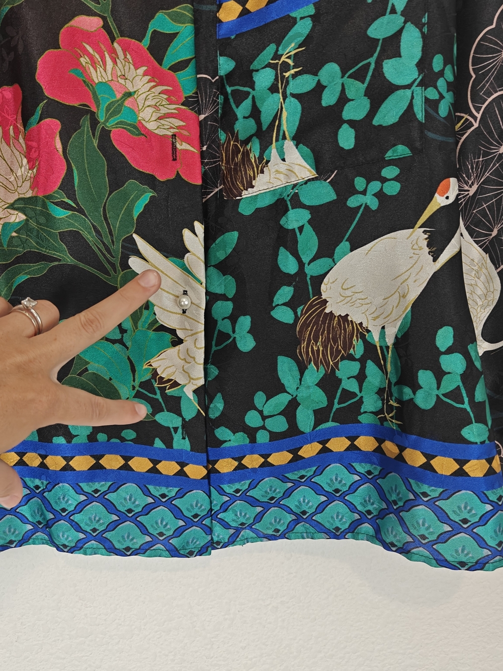 Zara Oriental Crane Satin Blouse Floral Bird Print Black Pink Green Size M - Picture 9 of 16